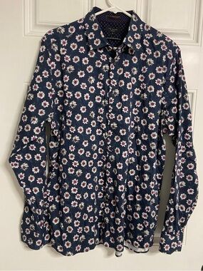 T1- TED BAKER LONDON Navy Floral Contrast Print Button Up Shirt